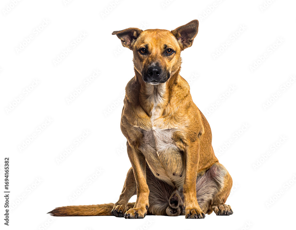 Obraz premium Delhi Stray, Indian stray dog with light brown fur sitting calmly, ears perked up, isolated PNG