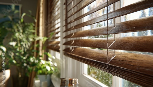 Wooden blinds at a window, rain drops on glass,  home interior