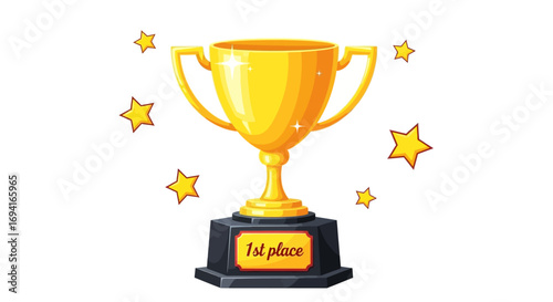 Golden trophy on a black pedestal with yellow stars around on transparent background