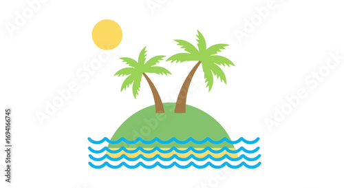 A cartoon island with palm trees and ocean waves under sun on transparent background