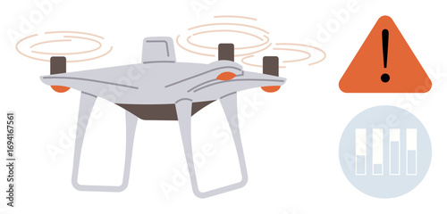 Quadcopter hovering mid-air with spinning propellers, caution icon, and battery charge graphic. Ideal for technology, safety, surveillance, logistics, automation, remote control simple flat metaphor