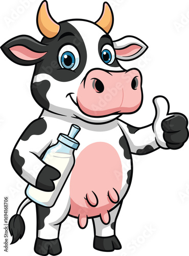 Cartoon cow character, milk bottle, thumbs up, cute farm animal, dairy mascot, children’s illustration, vector art, smiling cow, commercial use