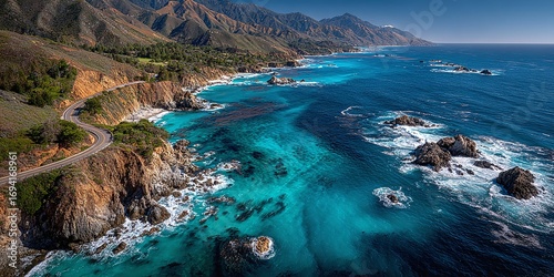 Scenic aerial view of a winding coastal road along the rugged big sur coastline with turquoise ocean water and rocky shores
