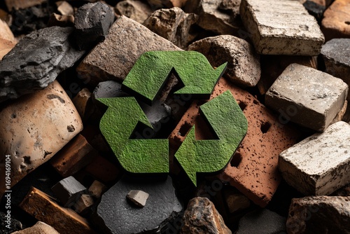 Recycled materials with green symbol representing environmental awareness and sustainability in construction settings