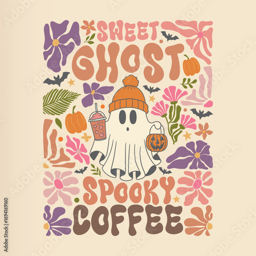 Sweet Ghost Spooky Coffee, Halloween Fall themed boho flower style t shirt design