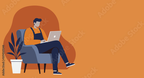 A man sits comfortably in an armchair, focused on his laptop, working or studying from home. Ideal for concepts like remote work, freelancing, online learning, or digital lifestyle.