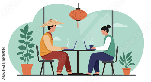 Two individuals working on laptops in a modern cafe or coworking space with Asian cultural elements. Ideal for concepts of remote work, business, and global collaboration.