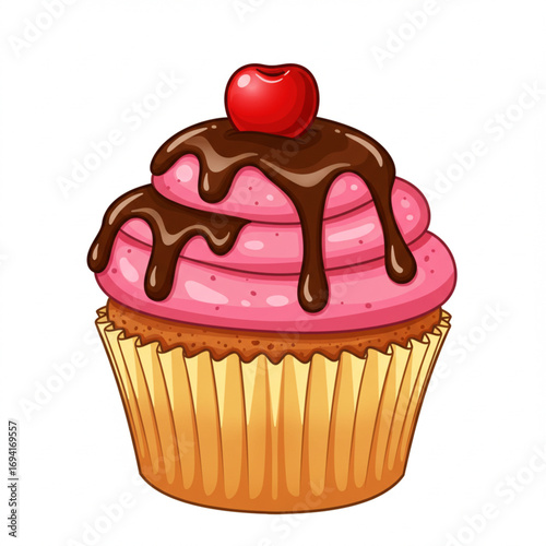 Delicious cupcake with pink frosting chocolate drizzle and cherry on top