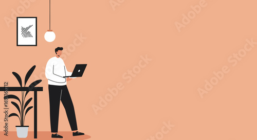 Modern man working remotely on a laptop in a minimalist home office setting. Represents productivity, online learning, or freelance lifestyle.