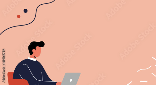 Focused man working remotely on his laptop in a minimalist setting. Ideal for business, technology, and modern lifestyle concepts like online learning or freelance work.