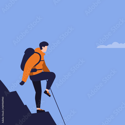 A determined climber ascends a rugged mountain, equipped with a backpack and rope, symbolizing adventure, challenge, and conquering new heights in an outdoor landscape.