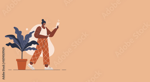 Illustrated woman working remotely on a laptop next to a potted plant, representing online business, digital learning, productivity, and modern lifestyle.