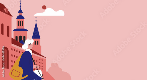 A person explores a picturesque European old town with historic architecture and church spires, carrying a bag. Evokes travel, discovery, and urban lifestyle.