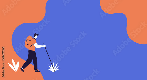 Minimalist illustration of a person hiking with a backpack and trekking pole through an abstract, colorful landscape. Represents adventure, travel, and an active lifestyle.