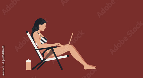 Woman in a swimsuit relaxing in a beach chair while working on her laptop. Concept of remote work, digital nomad lifestyle, and summer vacation productivity.