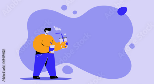 Stylized person enjoying refreshing drinks in a vibrant, abstract setting. Ideal for lifestyle, leisure, or modern marketing designs.