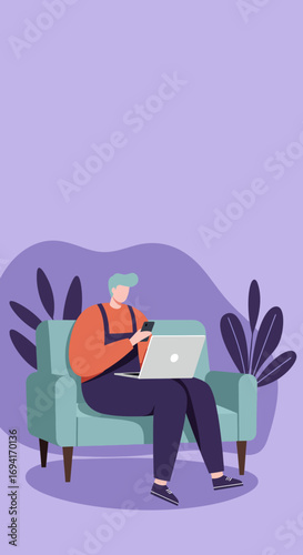 Man working remotely from a comfortable sofa, multitasking with laptop and smartphone. Represents freelance work, digital communication, and a connected lifestyle.