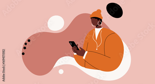 Stylish young person engaging with digital content on a smartphone. Modern communication, social media, and technology lifestyle concept.