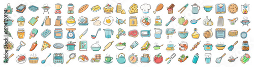 Cooking and kitchen icon pack with 100 hand drawn illustrations - Set of 100 hand drawn cooking and kitchen icons including pots, pans, utensils, ingredients, recipes, and food preparation tools 