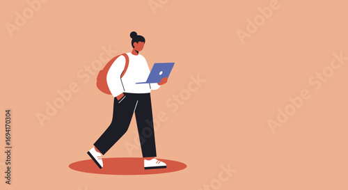 Modern flat illustration of a person walking with a laptop and backpack, symbolizing online education, remote work, digital nomad lifestyle, and mobile connectivity.