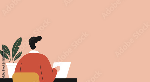 Focused individual working on a document at a desk with a plant. Represents productivity, remote work, business, or education concepts.