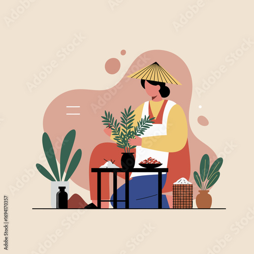 Asian woman in a conical hat tends to plants, surrounded by elements of traditional culture and home life. Ideal for lifestyle, travel, and cultural content.