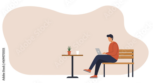 Man working remotely on a laptop in a casual outdoor setting, symbolizing modern productivity, flexible work, and digital lifestyle. Ideal for business, technology, and lifestyle concepts.