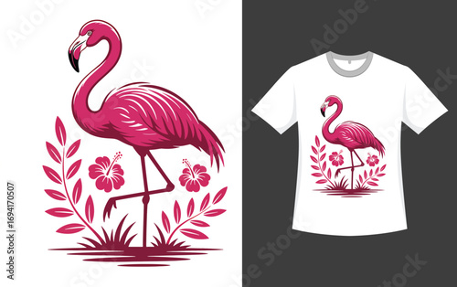 A vibrant pink flamingo, detailed with subtle shading, stands gracefully amidst stylized tropical foliage and hibiscus flowers.
