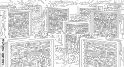 Illustration of server racks and network cables in a data center in black and white detailed view