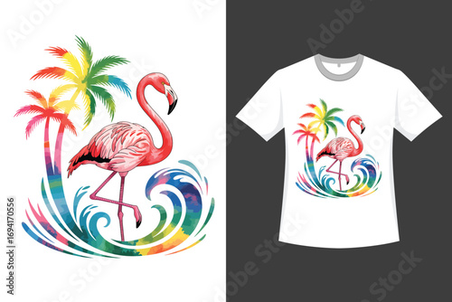 Vibrant illustration of a pink flamingo standing amidst stylized, rainbow-colored waves and palm trees.