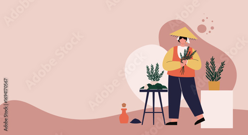 Person in conical hat holds fresh herbs, symbolizing natural wellness, herbal medicine, and traditional agriculture. Clean illustration for health or cultural themes.