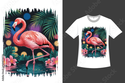 A pink flamingo stands gracefully in a lush tropical setting at night