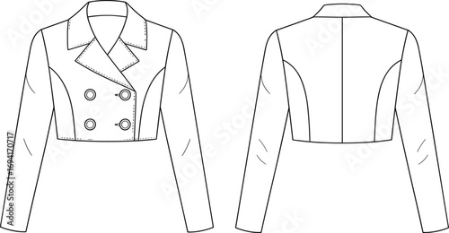 Cropped double-breasted jacket fashion illustration, technical sketch front and back view, garment design, tailoring details, princess seams, stylish outerwear