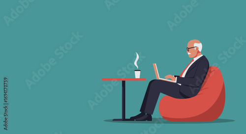 Elderly professional in a suit works on a laptop, comfortably seated on a bean bag chair with coffee. Depicts modern remote work and flexible business lifestyle.