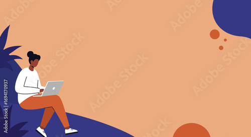 Focused person works remotely on laptop in a relaxed outdoor setting, illustrating flexible work, freelance life, or online education.