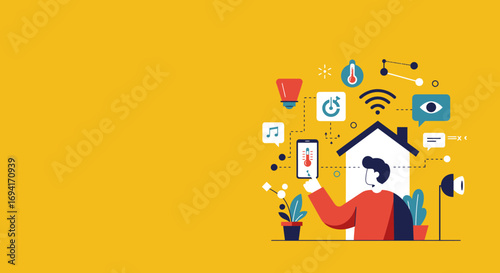 Person controlling smart home devices with a smartphone app, featuring IoT automation for lighting, temperature, and security in a modern, connected living space.