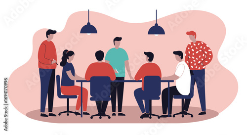 Business team actively collaborating in a modern office meeting, discussing strategies. Represents teamwork, innovation, and professional communication.