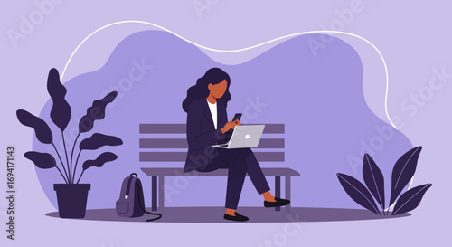A professional woman works remotely on her laptop and phone while sitting on a bench, showcasing modern productivity and a flexible lifestyle.