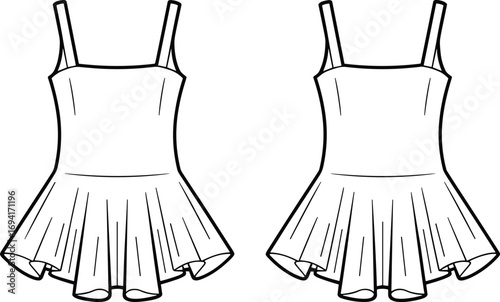 Fashionable sleeveless dress template illustration, stylish summer outfit design, elegant clothing sketch for fashion design, apparel vector drawing, blank dress pattern