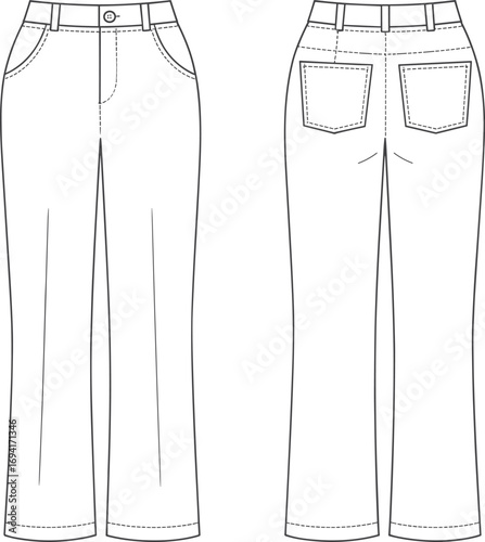 Flat sketch front and back view technical drawing of women straight pants with pockets, waistband, belt loops, button, and seams