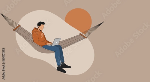 Man working on a laptop in a hammock, symbolizing remote work, digital nomad lifestyle, freedom, and work-life balance. Ideal for business, technology, or travel concepts.