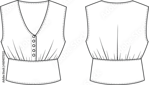 Flat sketch technical fashion drawing of women sleeveless vest top with button front, wide waistband, darts, v-neckline, and tailored details