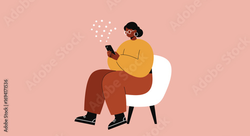 A diverse woman sits comfortably, using her smartphone for social media, communication, or online browsing. Represents connection, technology, and modern digital lifestyle.