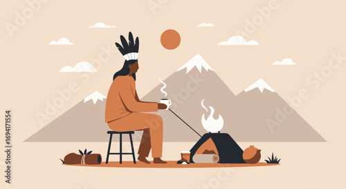 Indigenous person in traditional attire enjoys a peaceful moment by a campfire with a warm drink, surrounded by mountains. Serene cultural lifestyle.