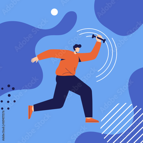 Dynamic illustration of a man running with a flashlight, illuminating the path forward. Represents search, discovery, innovation, and guidance in business or technology concepts.