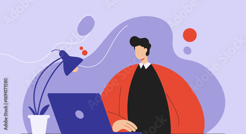 A focused man works diligently on his laptop in a modern, organized home office setting. Ideal for themes of remote work, productivity, technology, and contemporary business lifestyle.
