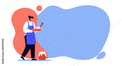 Person in apron preparing fresh food, holding a tray of baked goods and a carrot. Ideal for healthy eating, home cooking, or culinary blog concepts.