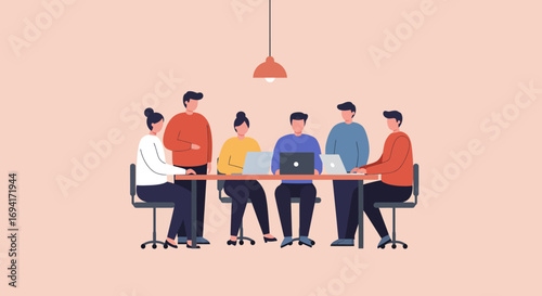 Diverse team collaborates in a modern office meeting, working on laptops. Ideal for business, teamwork, corporate strategy, and professional development concepts.