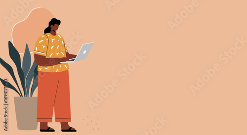 Illustration of a modern woman working remotely on her laptop. Perfect for themes of online business, digital learning, freelance lifestyle, or remote work.