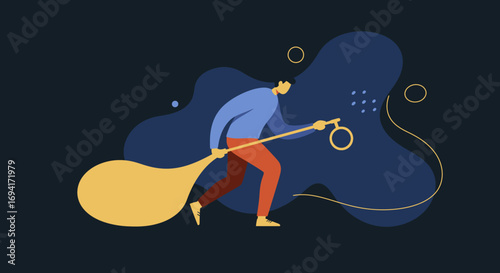 Man carrying an oversized key, actively searching for solutions or unlocking new opportunities. Represents exploration, discovery, and finding success in business or life.